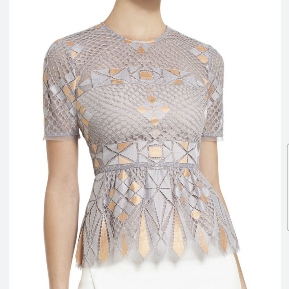 BCBGMaxAzria Gray Lace Overlay Peplum Top with Nude Underlay